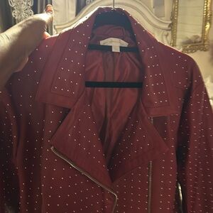 Studded (silver), brick read polyester (leather feel) zip jacket